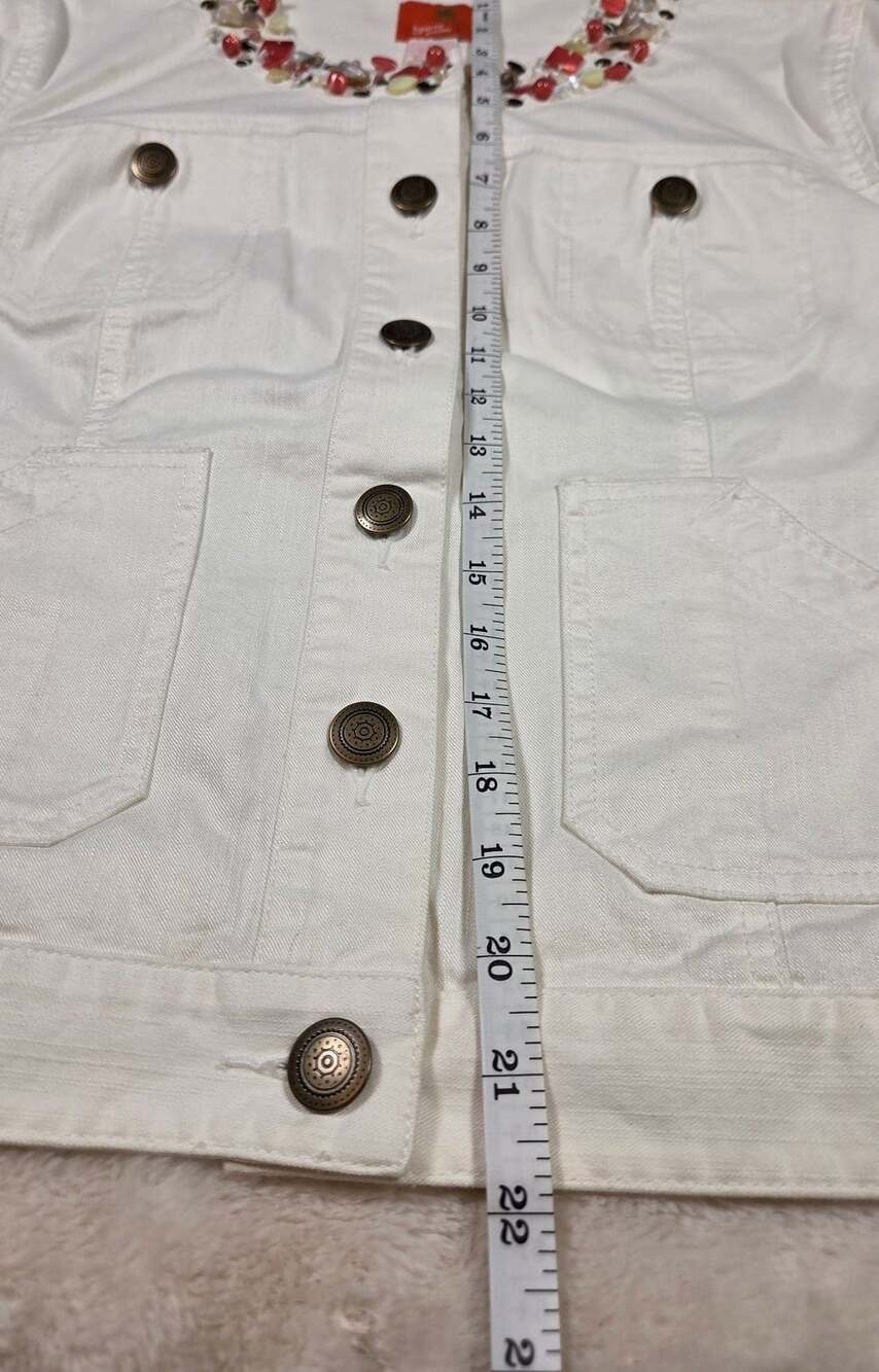 Hearts of Palm White Denim Beaded Collarless Cropped Jean Jacket Size 14 - Picture 7 of 8